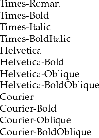 TTimim eess-R-B oomldan
Tim es-Italic
Tim es-B oldItalic
Helvetica
Helvetica-B old
Helvetica-O blique
Helvetica-B oldO blique
Courier
Courier-Bold
Courier-Obliq ue
Courier-BoldObliqu e  